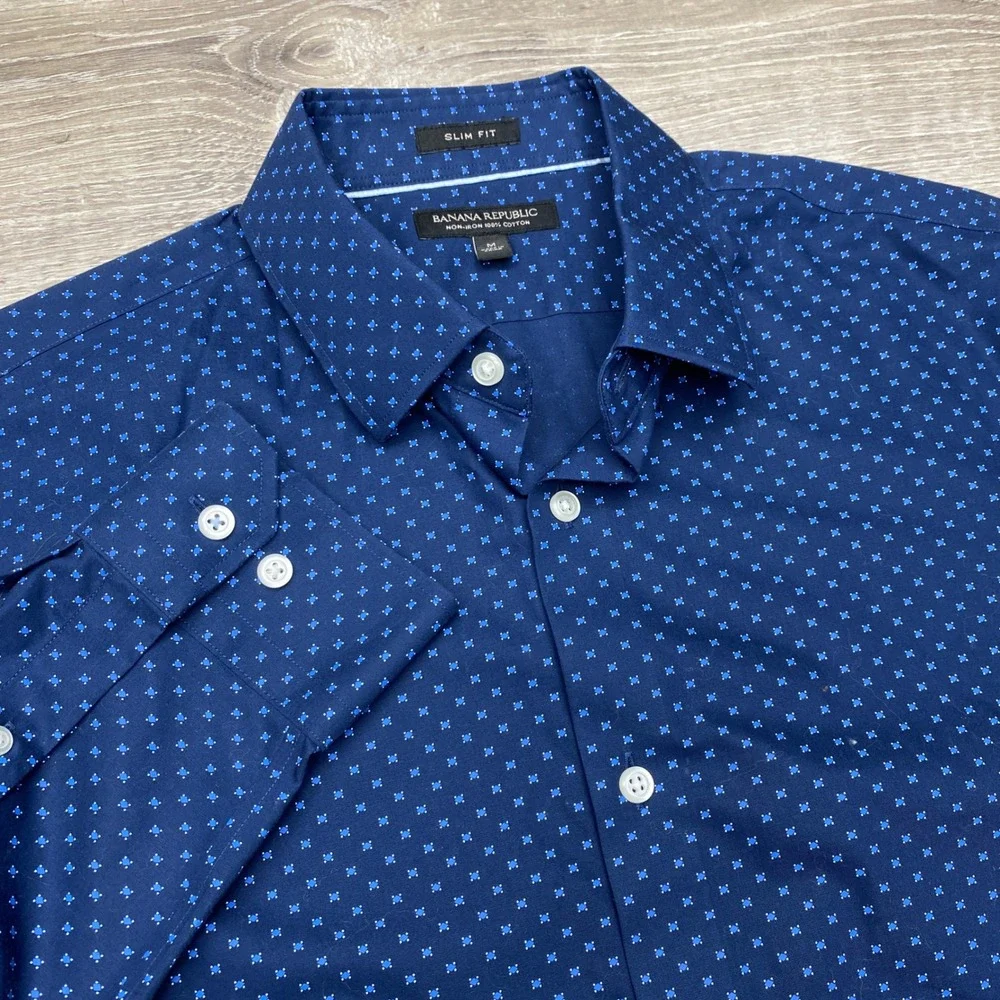 Banana Republic Shirt Slim Fit Mens‎ Medium Blue Non-Iron Cotton Geometric Print